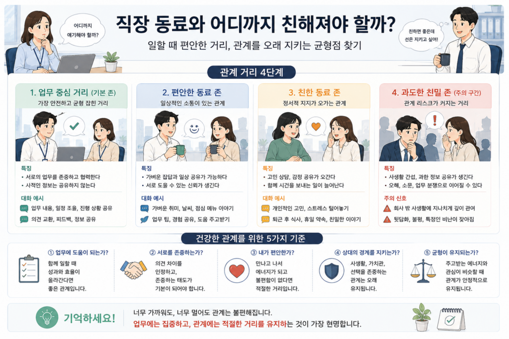직장 동료 관계의 정보 공유 3단계와 상황별 대응 문장을 설명하는 인포그래픽
