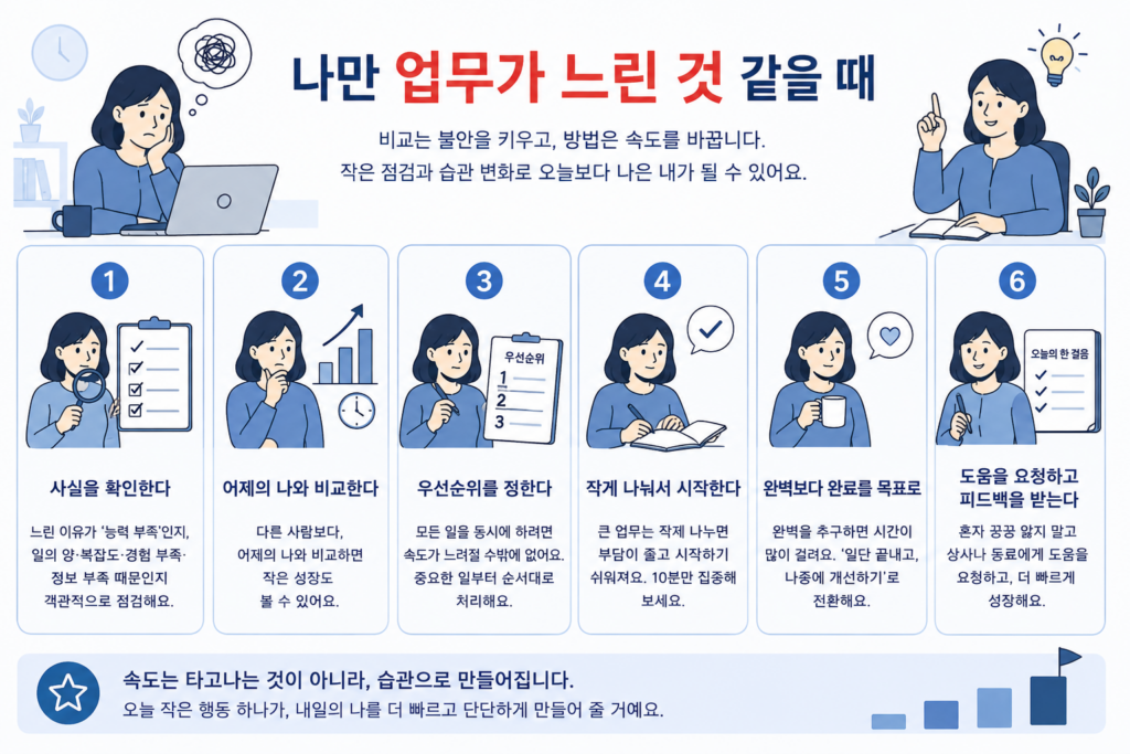 업무가 느린 이유를 살피기 위한 비교 기준, 우선순위와 질문 방법 인포그래픽