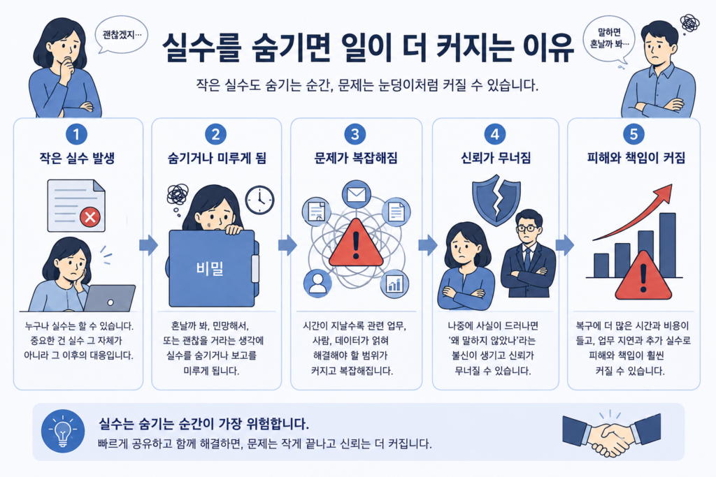 실수를 숨기면 작은 문제가 커지는 과정을 보여주는 5단계 인포그래픽