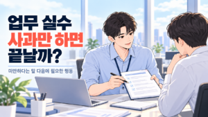 업무 실수 사과 뒤 수정할 자료를 함께 보며 다음 조치를 설명하는 신입사원