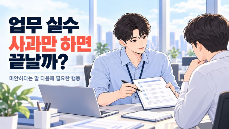 업무 실수 사과 뒤 수정할 자료를 함께 보며 다음 조치를 설명하는 신입사원