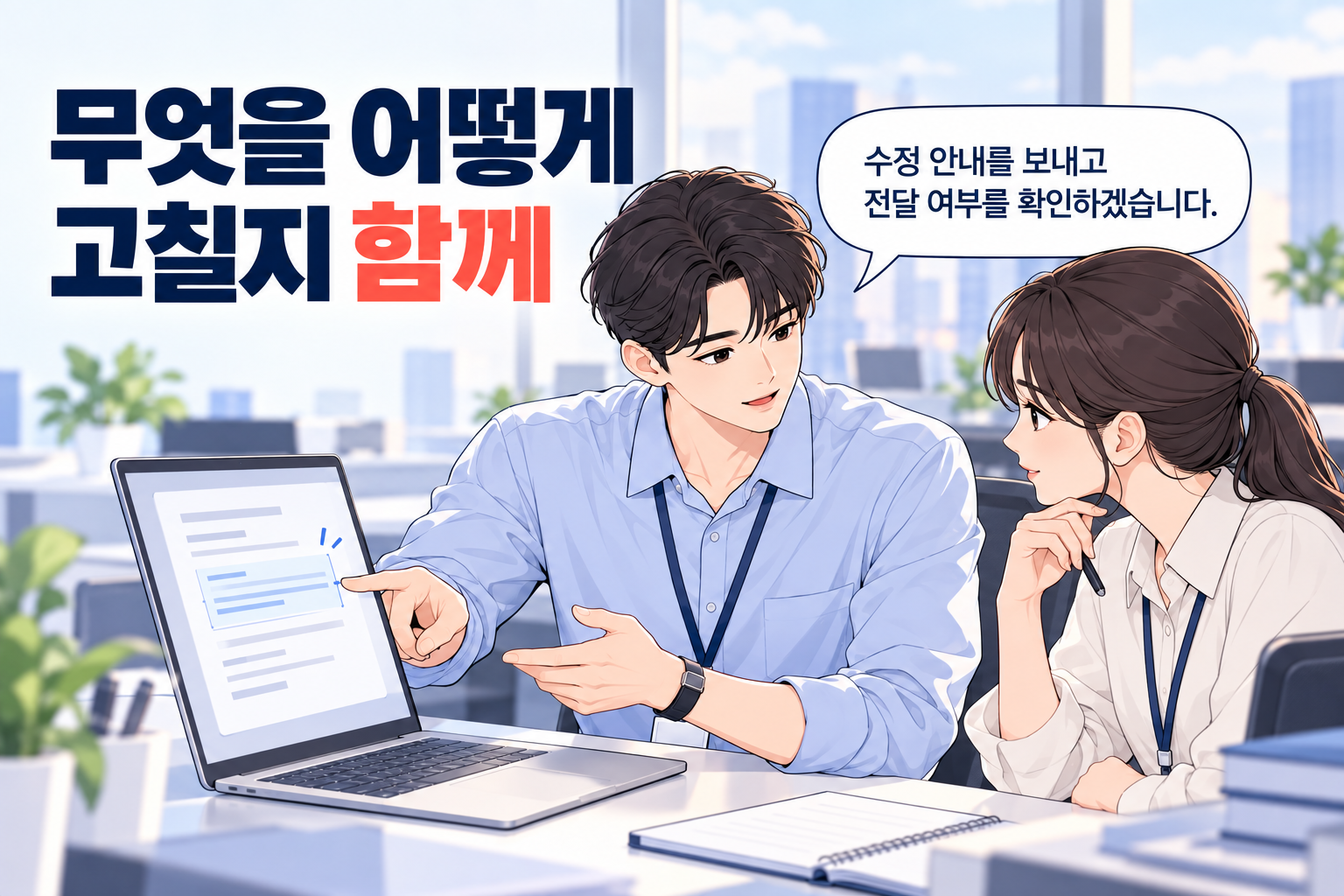 업무 실수 사과 후 수정 안내와 전달 여부 확인을 약속하는 신입사원과 동료