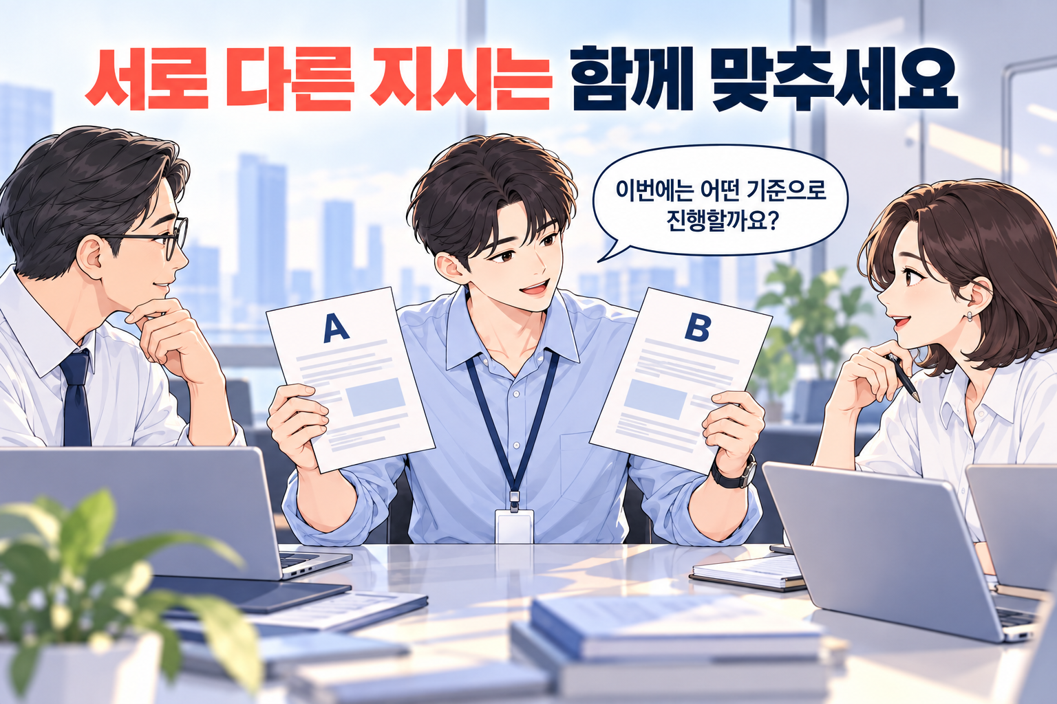 서로 다른 두 요청을 받은 신입사원이 담당자들과 자료를 보며 진행 기준을 맞추는 장면