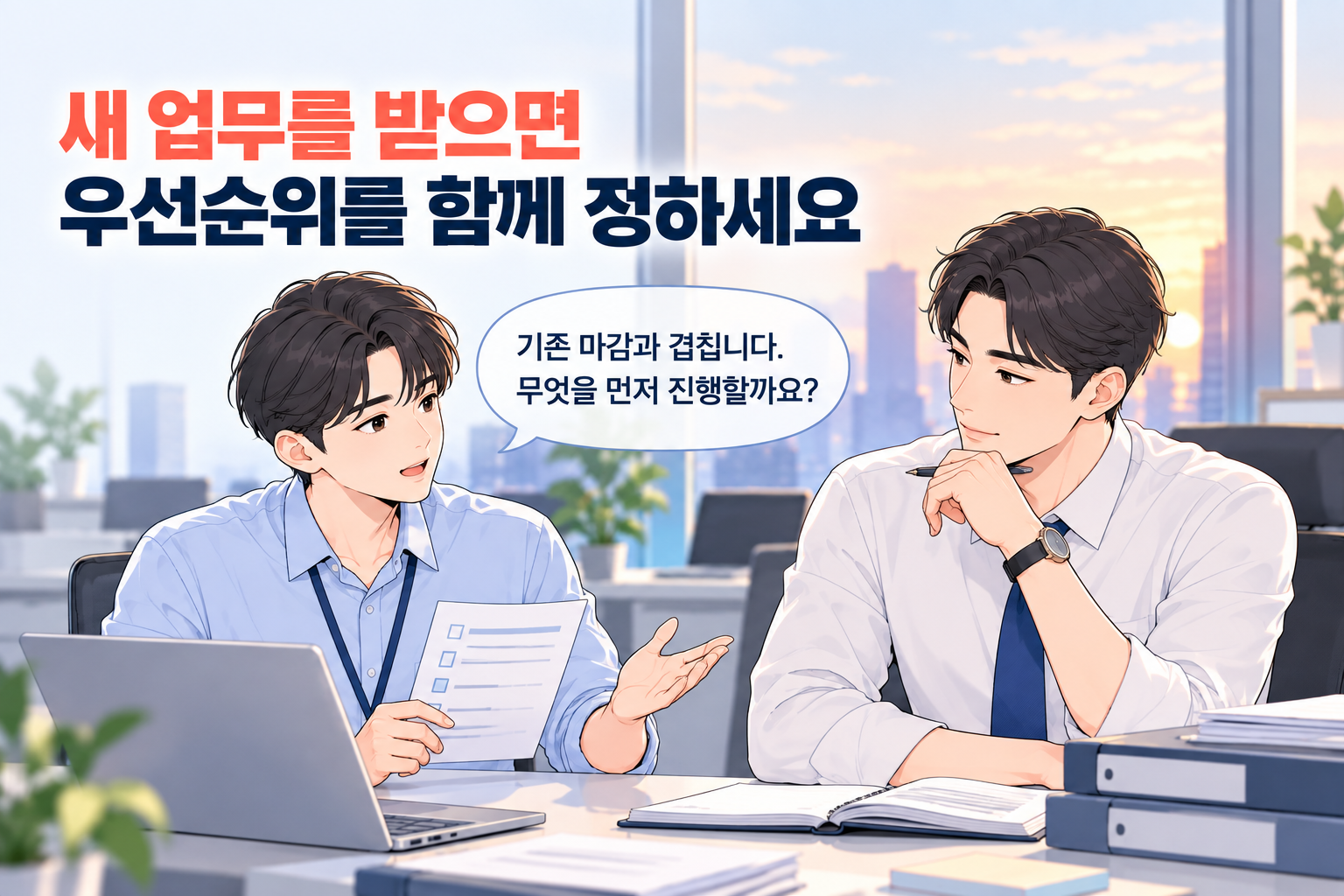 새 업무와 기존 마감이 겹쳐 무엇을 먼저 진행할지 상사에게 묻는 신입사원