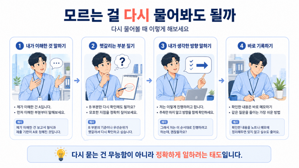 업무 다시 물어보기의 이해한 내용, 헷갈리는 부분, 진행 방향, 기록 순서