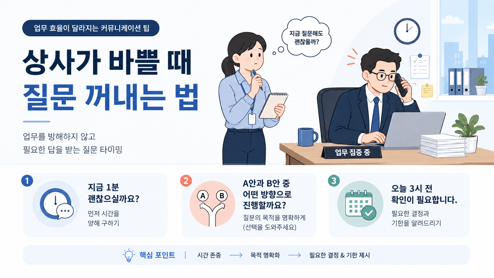 바쁜 상사에게 질문하기 전 핵심 내용을 메모로 정리하는 신입사원