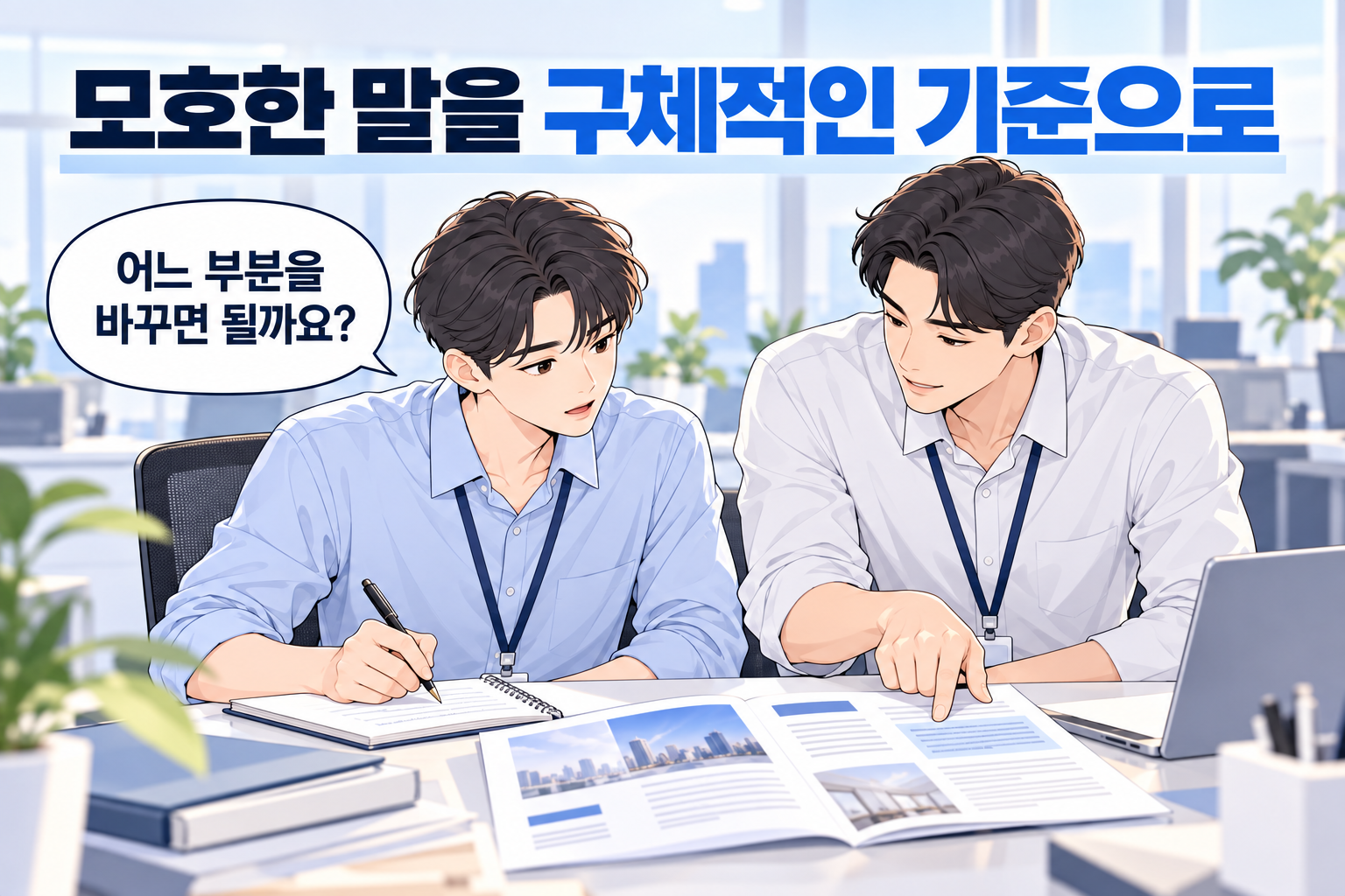 업무 지시가 애매할 때 안내문에서 바꿀 부분을 선배에게 구체적으로 묻는 신입사원