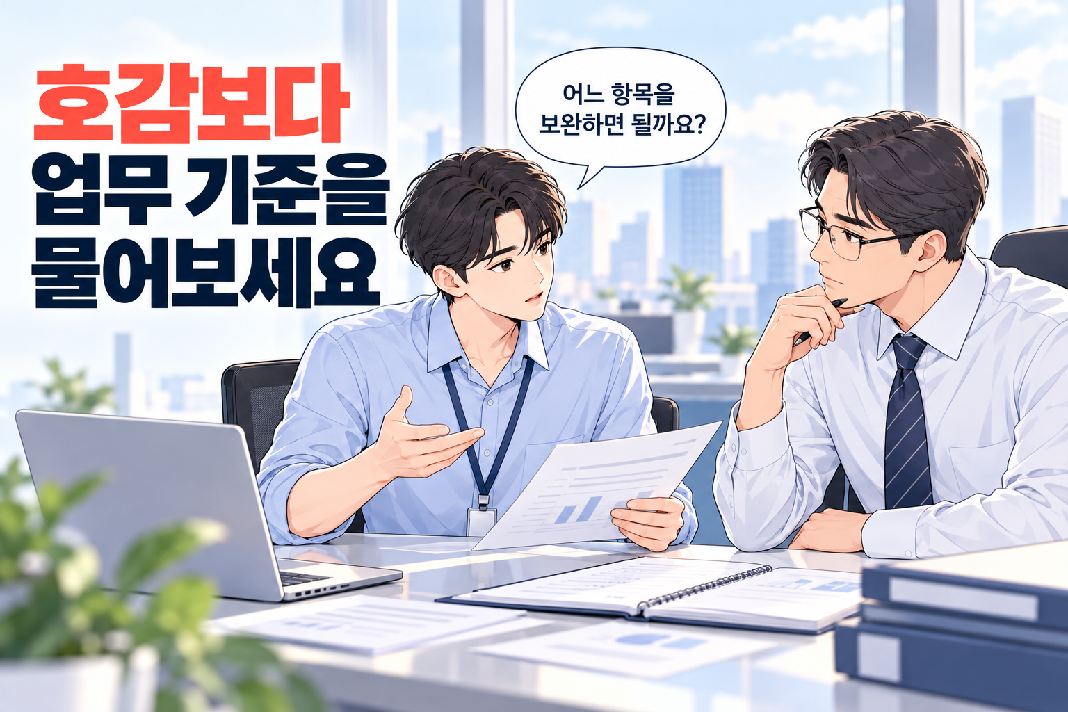 상사에게 어느 업무 항목을 보완하면 되는지 구체적으로 묻는 신입사원