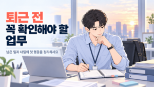 퇴근 전 확인할 업무를 노트에 정리하며 책상을 마무리하는 신입사원
