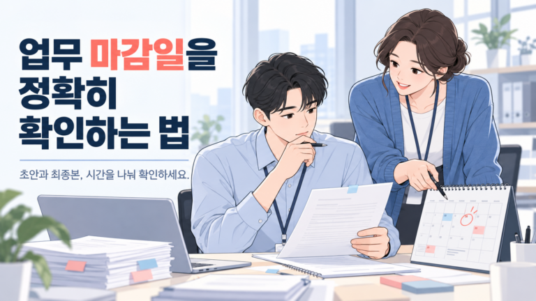 선배와 후배가 달력과 문서를 보며 업무 마감일을 확인하는 모습