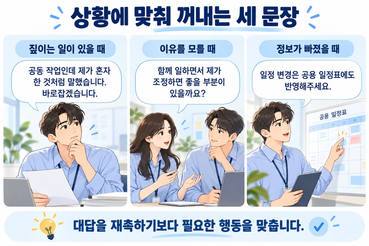 동료가 갑자기 차갑게 대할 때 짚이는 일과 조정할 부분, 일정 공유를 묻는 대화 예시
