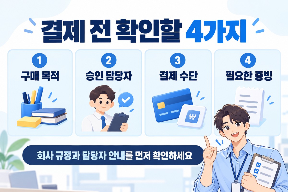 회사 비용 결제 전에 구매 목적과 승인 담당자, 결제 수단, 필요한 증빙을 확인하는 네 가지 카드