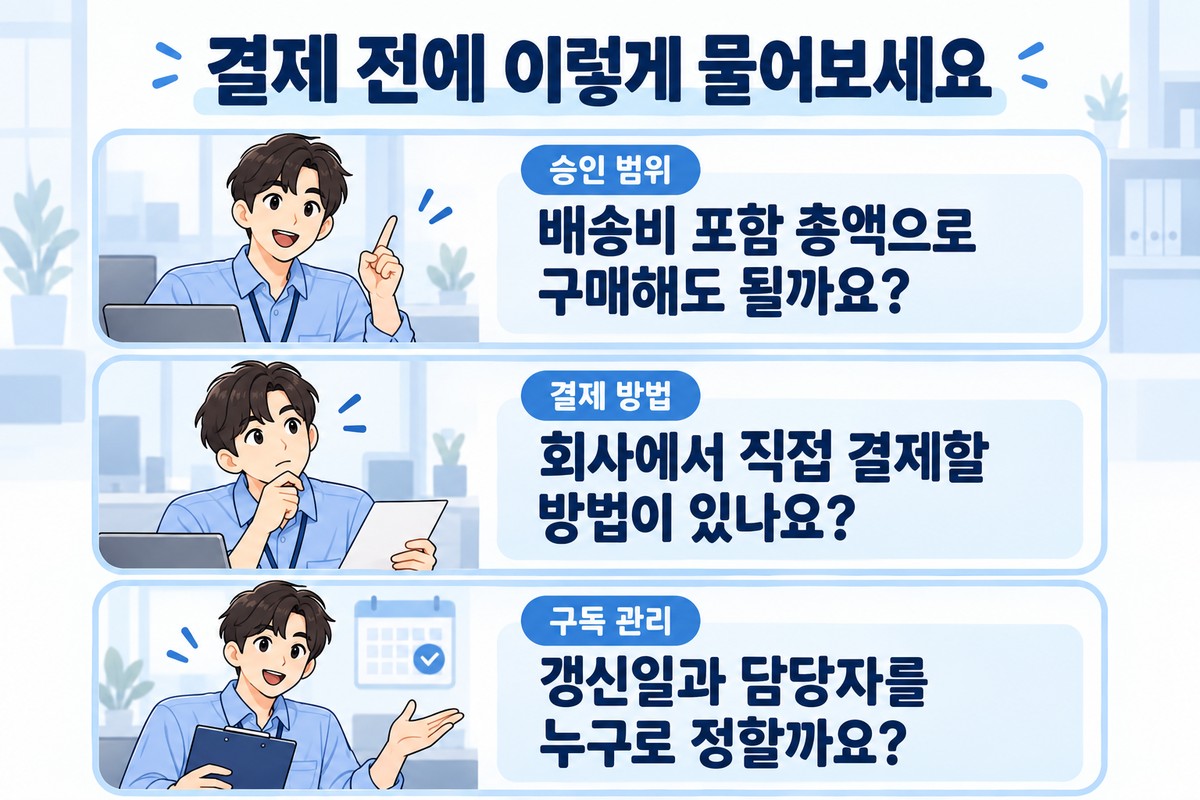 회사 비용 결제의 승인 범위와 결제 방법, 구독 갱신 담당자를 묻는 세 가지 대화 카드