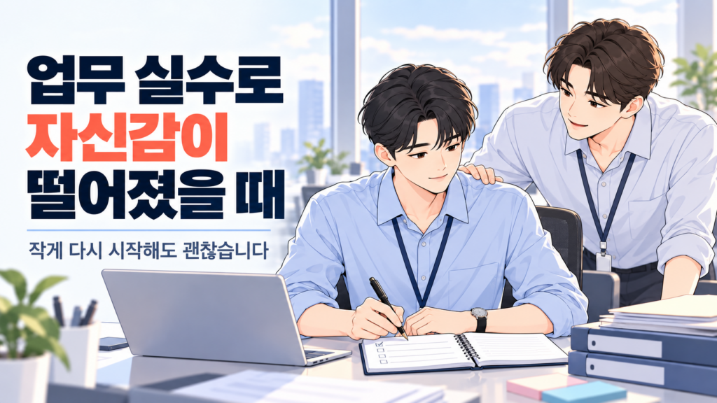 업무 실수로 자신감이 떨어졌을 때 선배의 도움을 받으며 작은 업무부터 다시 시작하는 신입사원