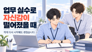 업무 실수로 자신감이 떨어졌을 때 선배의 도움을 받으며 작은 업무부터 다시 시작하는 신입사원