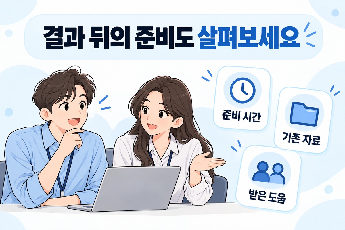 동료에게 발표 준비 시간과 참고 자료, 검토받은 과정을 묻는 직장인