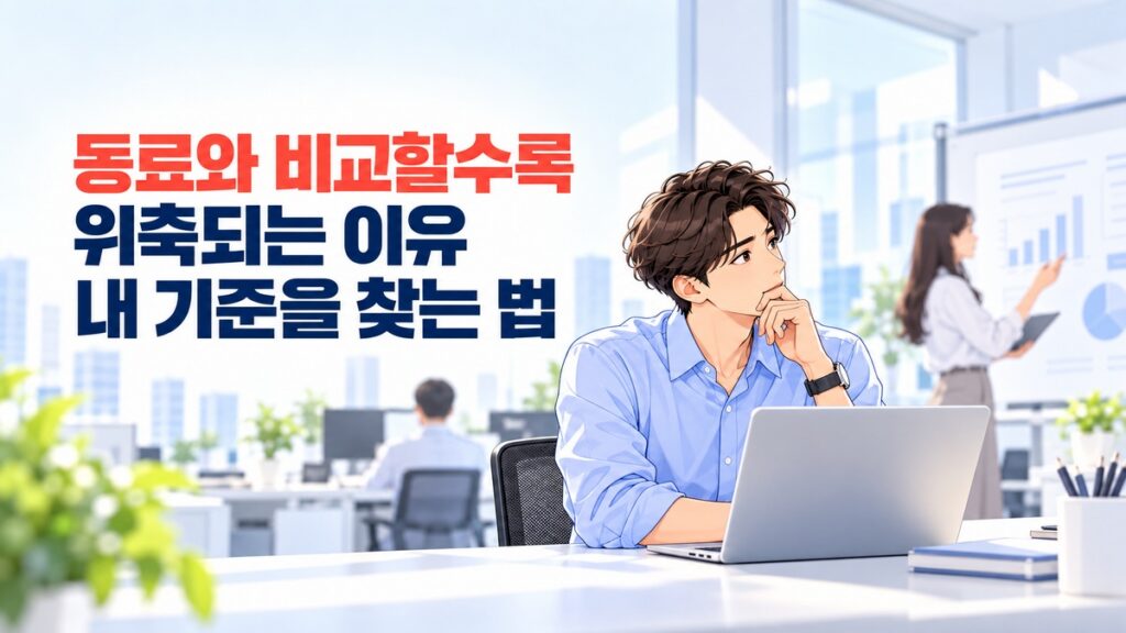 동료와 비교할수록 위축되는 이유를 생각하며 동료의 발표를 바라보는 직장인