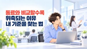 동료와 비교할수록 위축되는 이유를 생각하며 동료의 발표를 바라보는 직장인