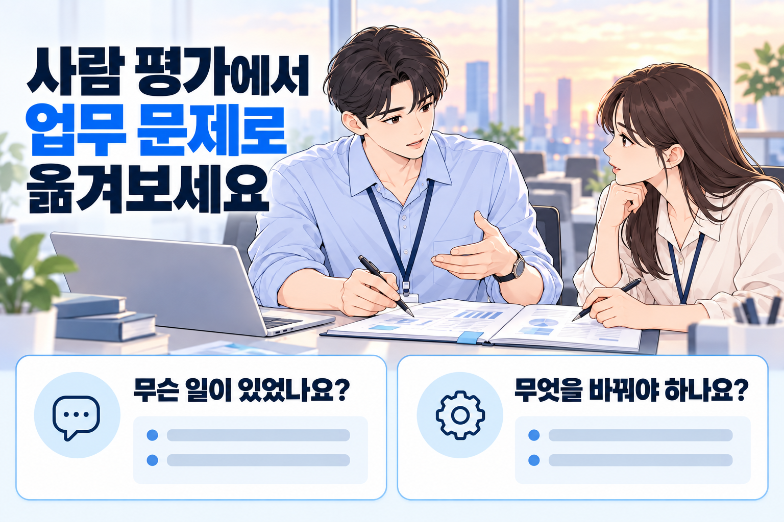 사람을 평가하는 대화에서 실제 업무 문제와 필요한 조치를 묻는 대화로 옮기는 동료들