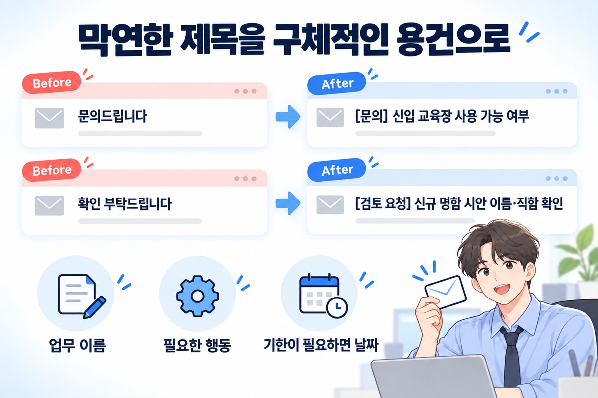 회사 이메일 제목을 교육장 문의와 명함 시안 검토 요청으로 구체화한 비교 예시