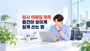 회사 이메일 제목을 고민하며 노트북으로 메일을 작성하는 직장인