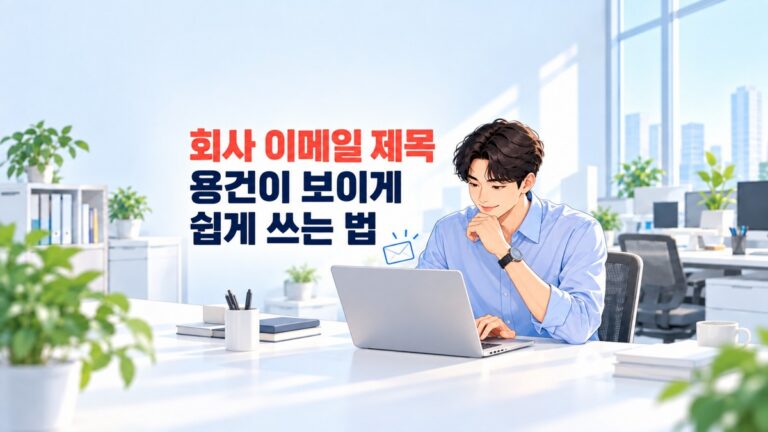 회사 이메일 제목을 고민하며 노트북으로 메일을 작성하는 직장인