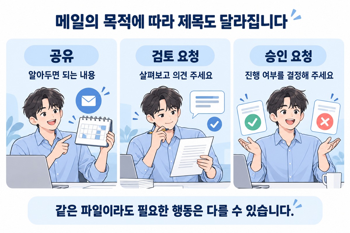 회사 이메일 제목에서 공유와 검토 요청, 승인 요청의 차이를 보여주는 세 카드