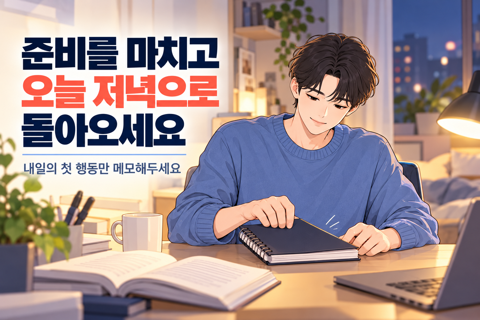 일요일 저녁 준비를 마치고 노트를 닫으며 쉬는 시간으로 돌아오는 직장인