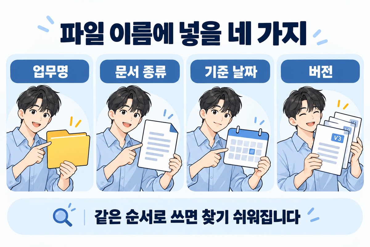 업무 파일 이름에 넣을 업무명, 문서 종류, 기준 날짜, 버전을 설명하는 직장인 그림