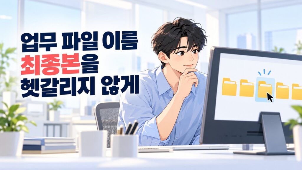 업무 파일 이름과 최종본을 확인하며 사무실에서 자료를 정리하는 남성 직장인