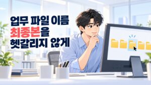 업무 파일 이름과 최종본을 확인하며 사무실에서 자료를 정리하는 남성 직장인