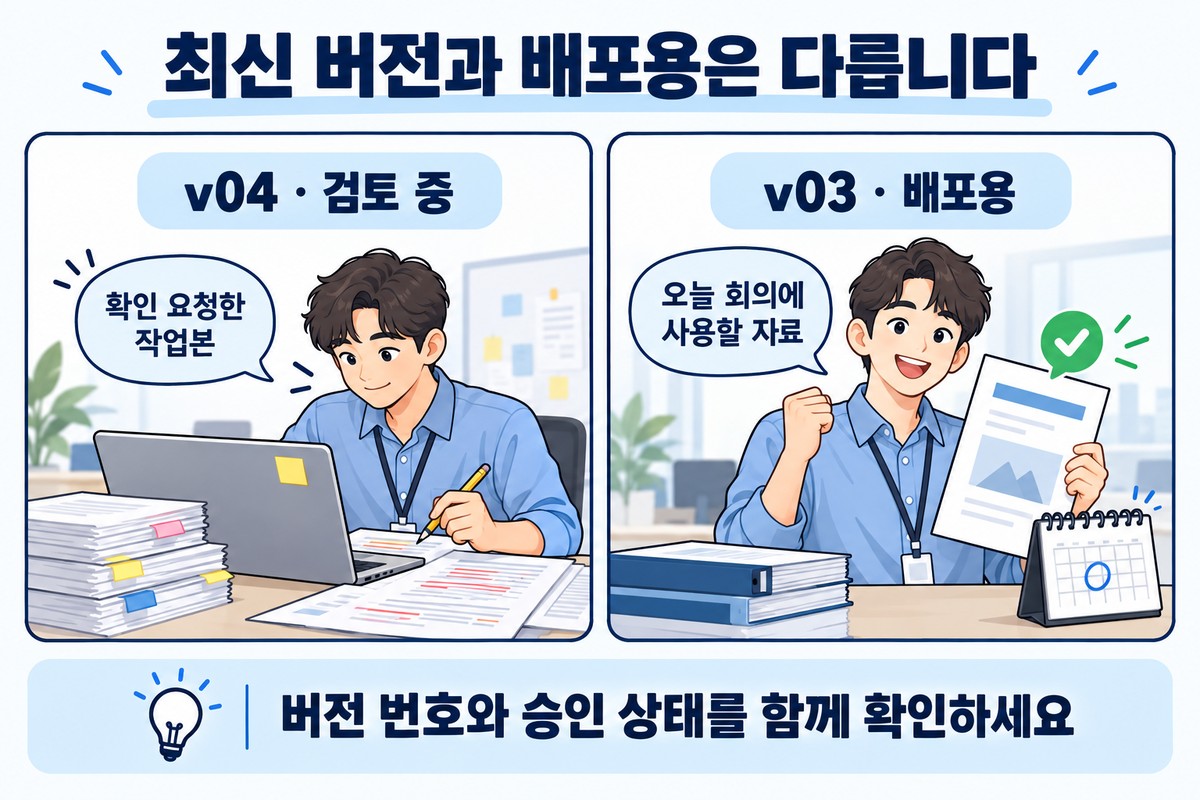 업무 파일 이름의 최신 v04 검토 중 작업본과 승인된 v03 배포용 자료를 비교한 그림