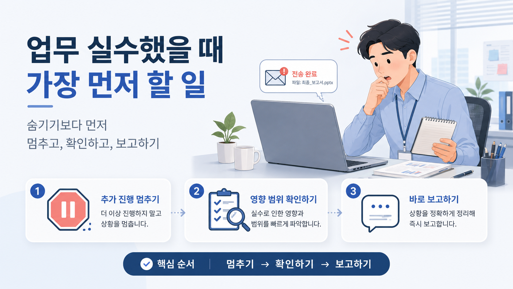 업무 실수를 발견하고 추가 발송을 멈춘 뒤 보고 내용을 정리하는 신입사원