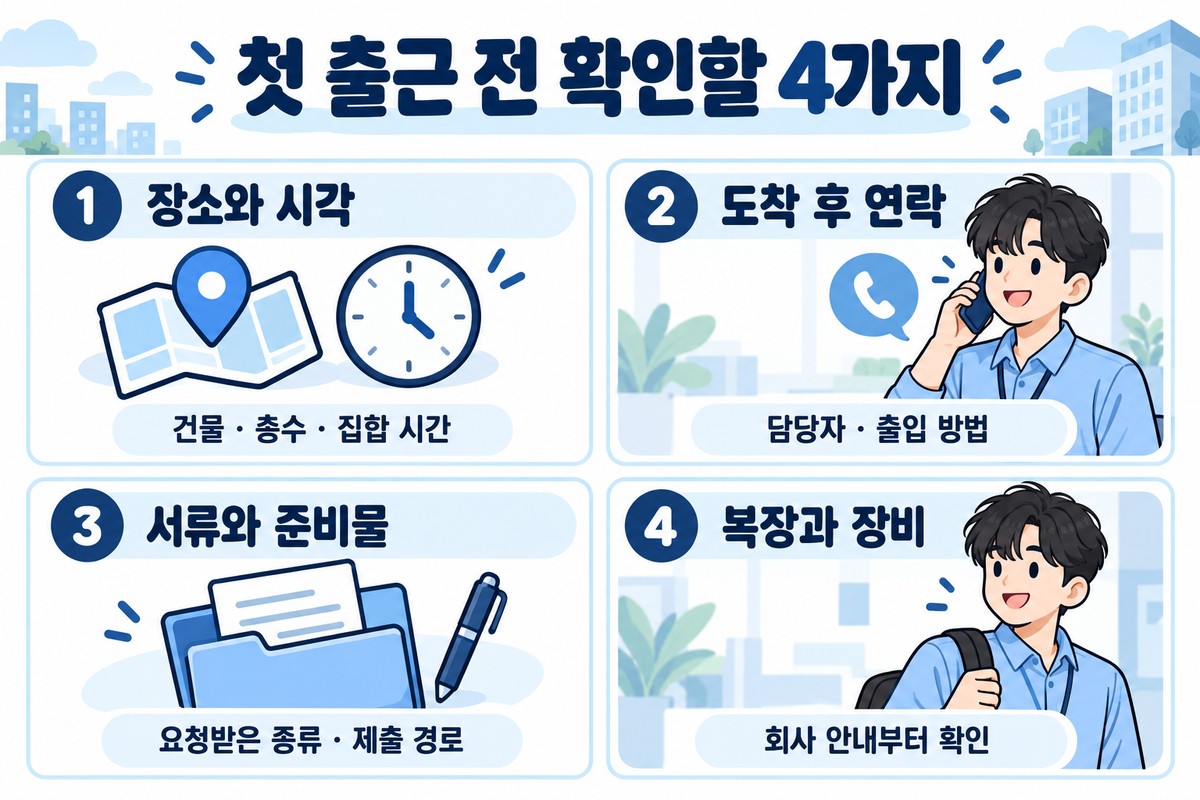 신입사원 첫 출근 전 장소와 시각, 연락 담당자, 서류, 복장과 장비를 확인하는 네 가지 항목