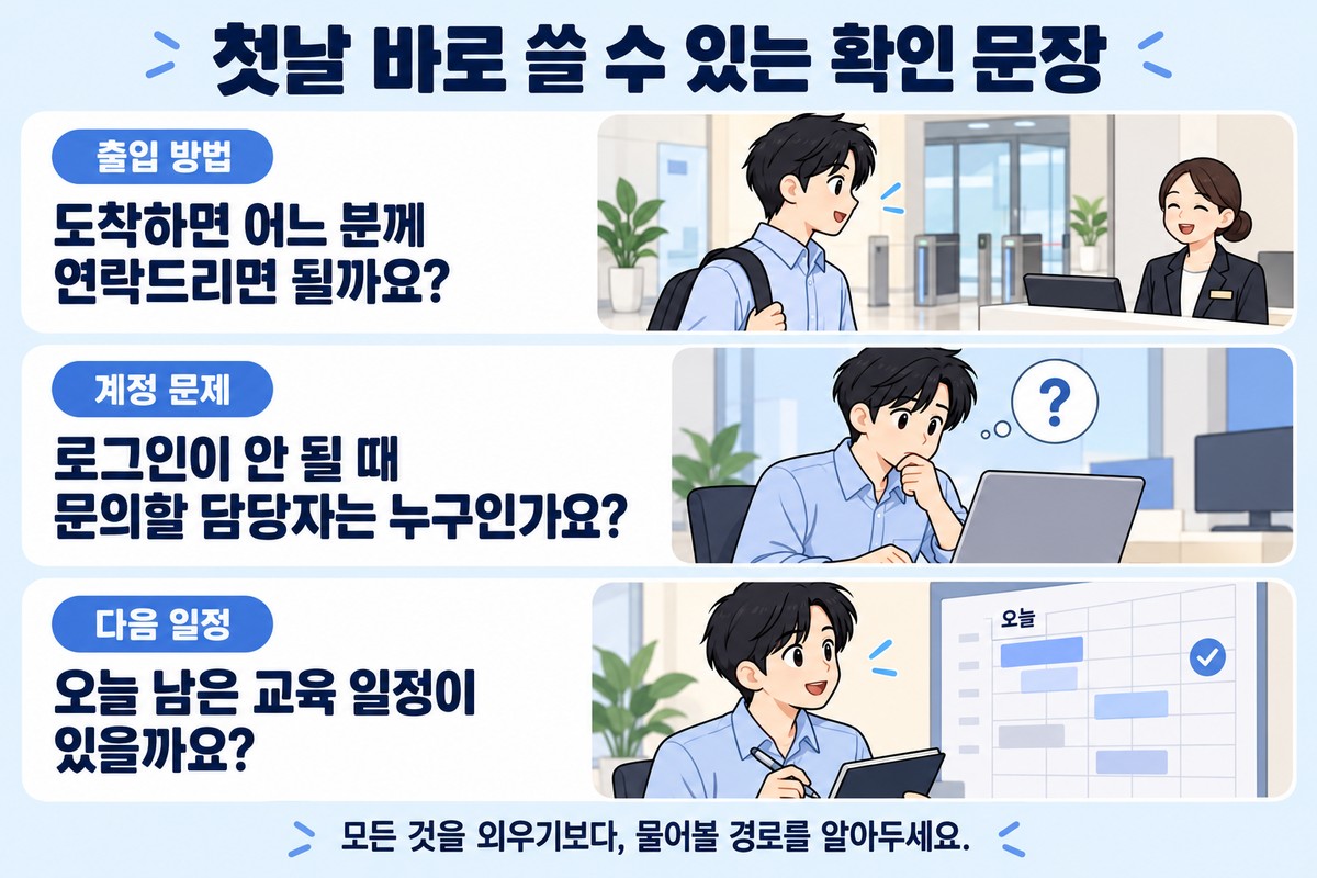 신입사원 첫 출근에 출입 방법, 계정 문제, 교육 일정을 확인하는 대화 예시