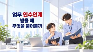 업무 인수인계 받을 때 자료를 함께 보며 질문하는 두 직장인