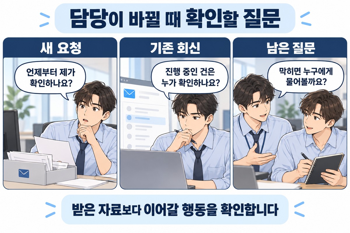 업무 인수인계 받을 때 새 요청과 기존 회신, 확인 담당자를 정하는 질문