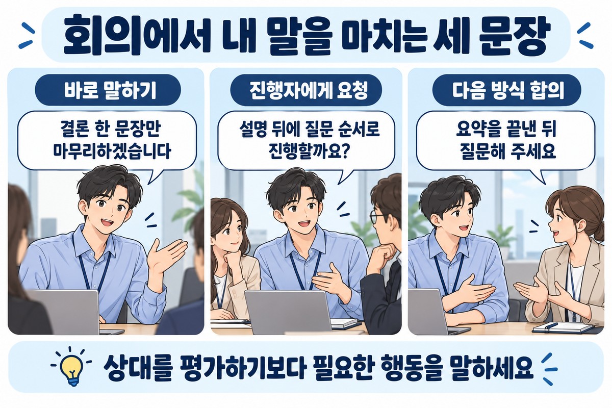 말을 끊는 동료에게 발언 마무리와 진행 순서를 요청하고 다음 대화 방식을 합의하는 세 문장
