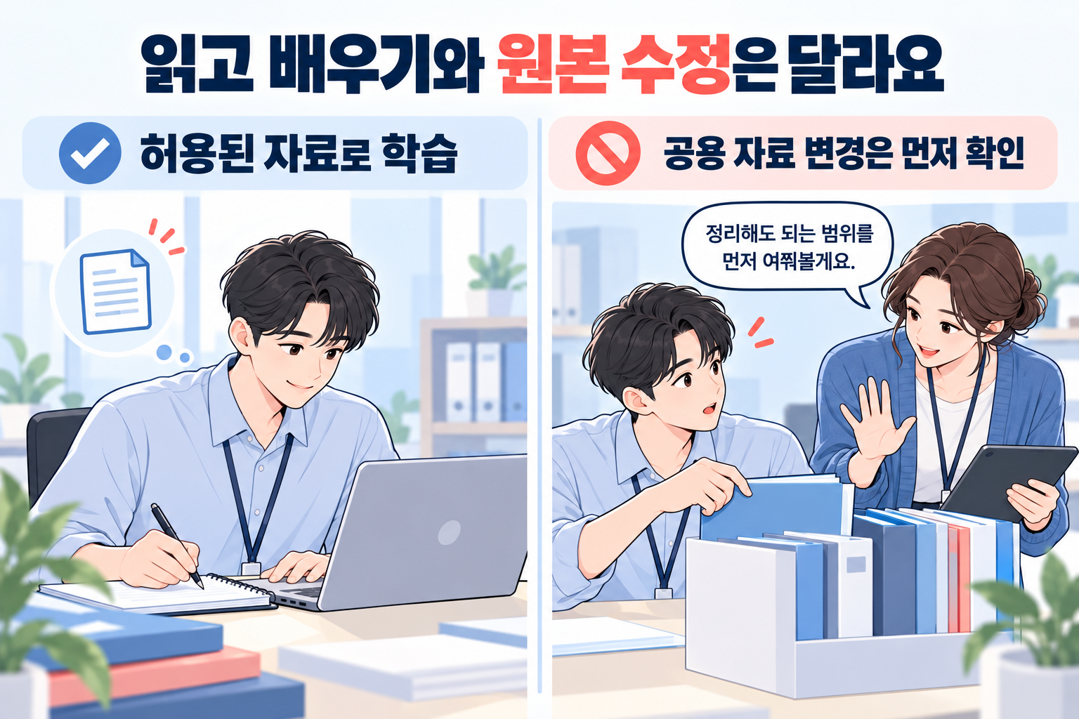허용된 자료를 읽는 신입사원과 공용 자료 변경 범위를 확인하는 두 장면