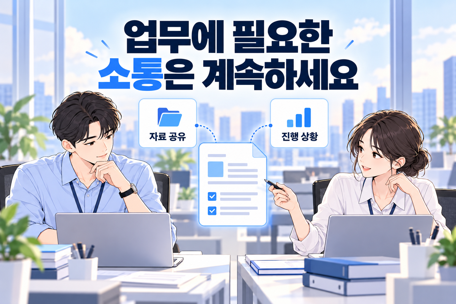 자료 공유와 진행 상황 전달을 유지하며 각자의 자리에서 협업하는 동료들