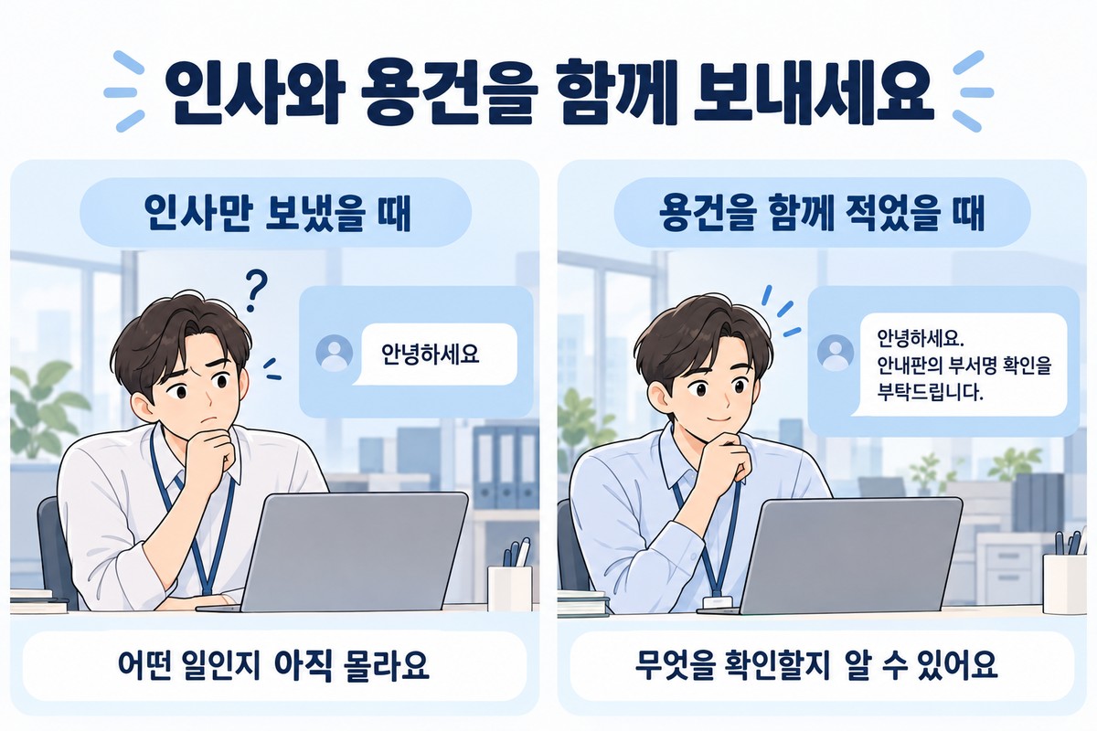 업무 메신저 첫 문장에서 인사만 보내는 경우와 확인할 용건을 함께 적는 경우의 비교