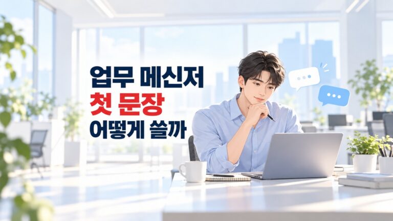업무 메신저 첫 문장을 작성하며 노트북 앞에서 용건을 정리하는 직장인