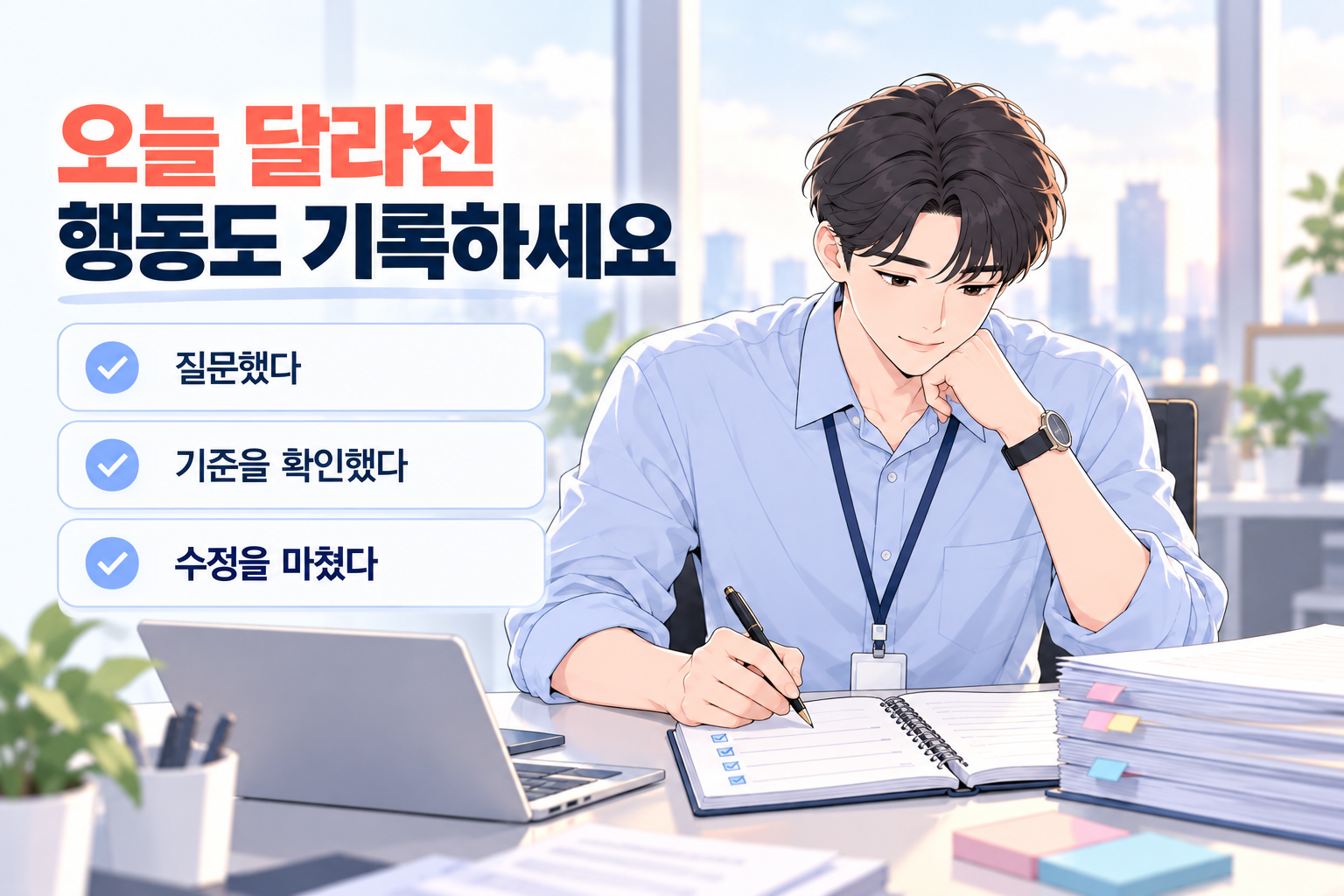 질문하고 기준을 확인하고 수정을 마친 행동을 기록하는 직장인