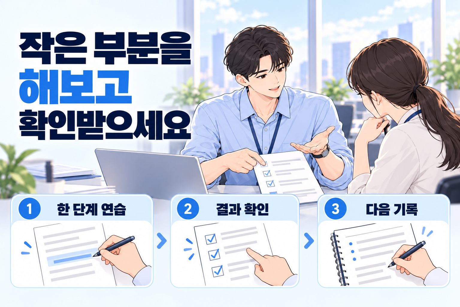 허용된 자료로 한 단계씩 연습하고 결과를 확인받은 뒤 기록하는 신입사원