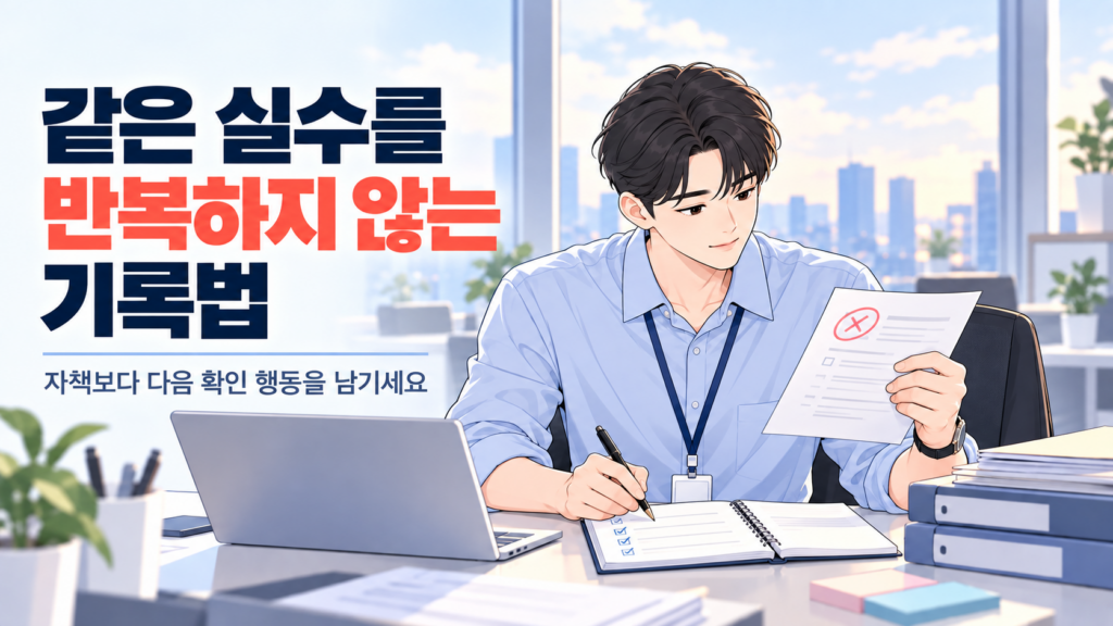 같은 실수를 반복하지 않는 기록법을 익히며 오류 자료와 다음 확인 항목을 정리하는 신입사원