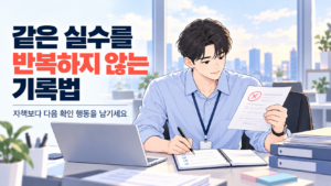 같은 실수를 반복하지 않는 기록법을 익히며 오류 자료와 다음 확인 항목을 정리하는 신입사원