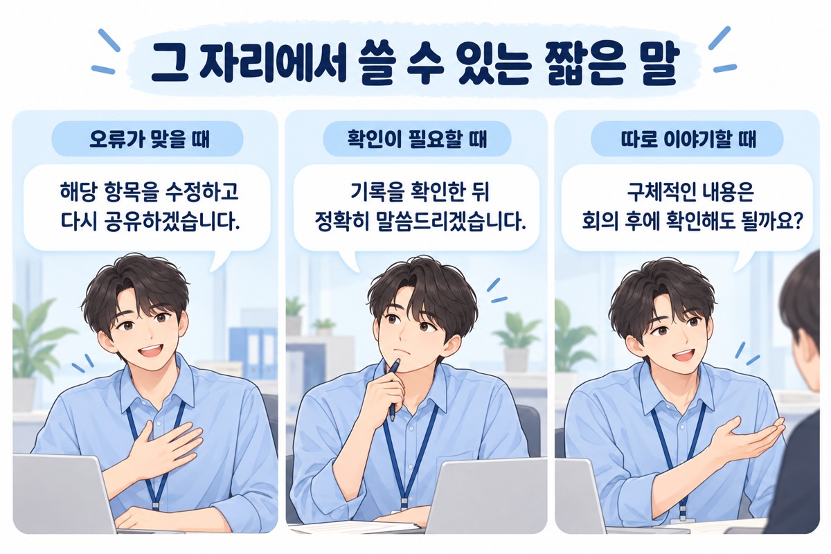 사람들 앞에서 지적받았을 때 오류 인정과 기록 확인, 별도 대화를 요청하는 세 문장
