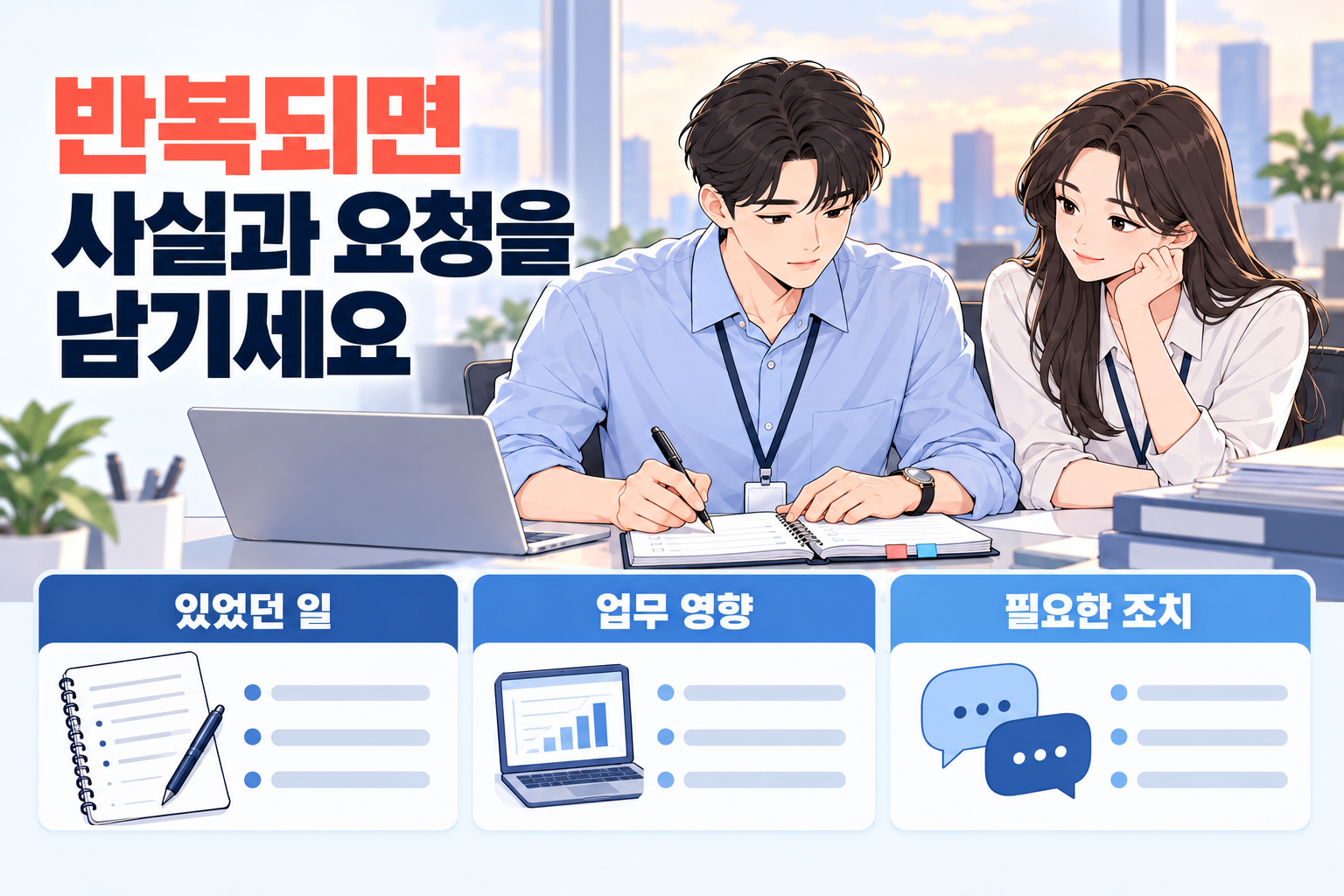 반복된 행동과 업무 영향, 필요한 조치를 동료와 함께 정리하는 직장인