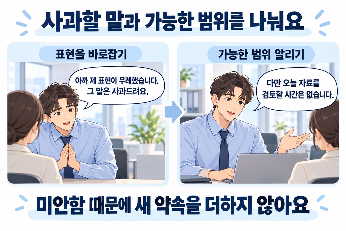 부탁을 거절하면 나쁜 사람이 될까 걱정될 때 무례한 말은 사과하고 가능한 범위를 알리는 예시