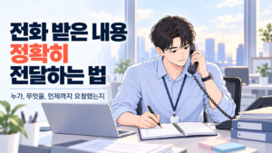 전화 받은 내용을 메모하며 연락처와 요청 사항을 확인하는 신입사원
